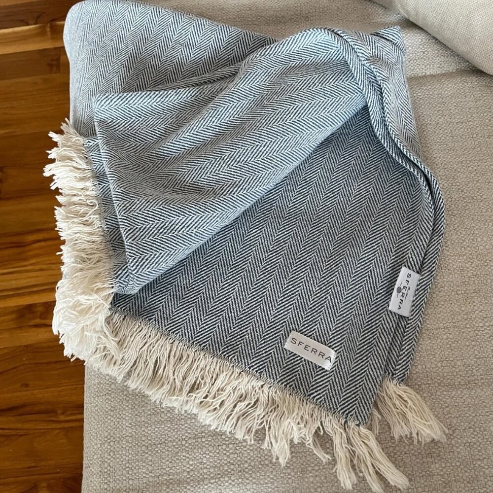 NEW SFERRA Celine Herringbone Luxury Throw in Cadet Blue Made in Portugal